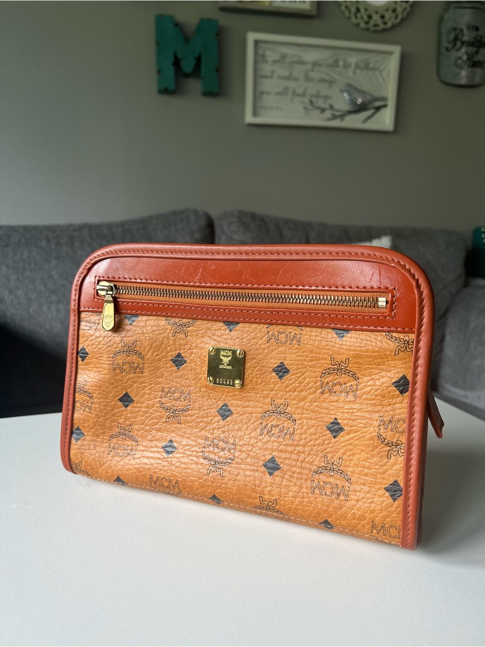 MCM Cognac Coated Canvas Zip Pouch/Clutch